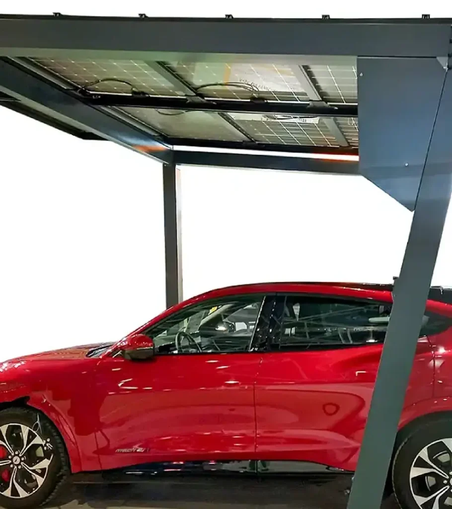 carport avec une voiture rouge